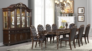 American Classic Dark <b>Brown</b> Wood Dining Set-Rectangular <b>Table</b> 8 Ladder Back Chairs with Ornate Carvings China Cabinet - Product Image 2