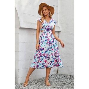 Personalizzato nuova stagione viola stampa floreale elegante bella stampa tutta su stampa croce elastico ritagliato in vita da donna - Product Image 3