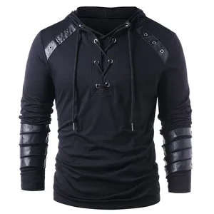 Men Medieval Renaissance Grooms Pirate Reenactment Larp Costume Lacing Up Pullover Hoodie Bandage Top Halloween Clothing