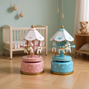 Boîte à musique carrousel avec 2 chevaux assortis, 19 cm, motif cœurs roses et bleus, pour la décoration de la chambre de bébé - Product Image 3