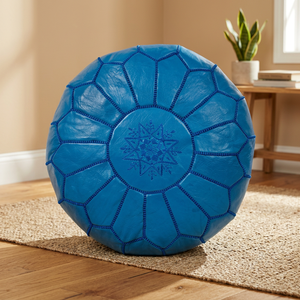 Round Blue Genuine <b>Leather</b> Pouf <b>Cushion</b> <b>Cover</b> Handmade Bohemian Style Stitched Design Zipper Closure Customizable Home Decor - Product Image 3