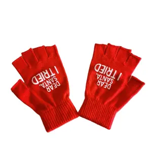 Offre Spéciale Rouge Unisexe Imprimé Logo Personnalisé Broderie Motif Acrylique Moitié Doigt Tricoté Tricoté Gants Mitaines Gants Tricotés