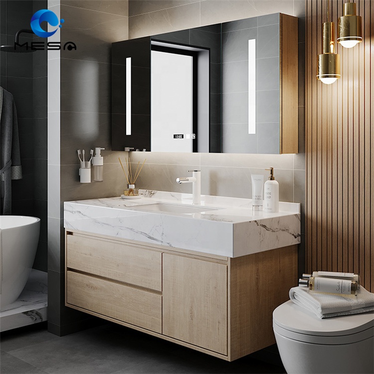 Mobile da bagno moderno a parete con cassetti in ardesia con lavabo e Set di specchi a Led