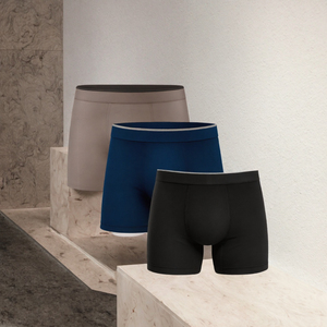 Calzoncillos bóxer para hombre, paquete de 3, color liso, algodón tejido, tiro medio, ropa interior transpirable con logo en la cintura - Gris/Negro/Azul marino - Product Image 3
