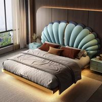 Cama de Cuero Genuino con Forma de Pétalo, Diseño Flotante Inspirado en Conchas, Cama Suave para el Dormitorio Principal, BTLB059, para Hogar u Hotel, Estilo Minimalista Moderno