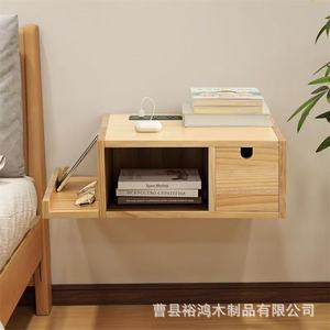 Wooden floating bedroom <b>bedside</b> table <b>shelf</b>, bookshelf, and sundries storage rack; small solid wood <b>shelf</b> with drawers. - Product Image 3
