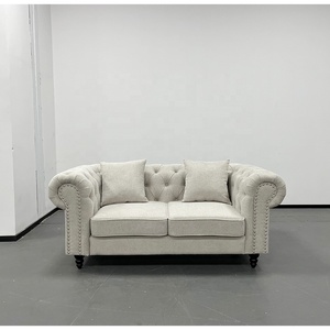 PZCN HOME Elegant Button Tufted 2 Seater Sofa Light <strong>Grey</strong> Linen Fabric <strong>Loveseat</strong> With Rolled Arm Nailhead Trim Bedroom Furniture - Product Image 2