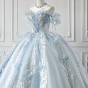 فستان زفاف سندريلا فاخر من أوفيليزا أزرق فستان حفلة أميرات تصميم مكشوف الكتفين ثلاثي الأبعاد مزين بلمعان بلورات مطرزة - Product Image 5