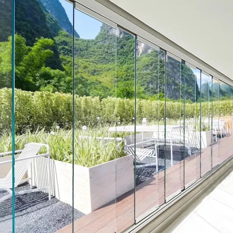Patio Frameloze Schuifbare Opvouwbare Glazen Gordijn Balkon Scheidingswanden Deuren Aluminium Stapelen Panoramische Accordeondeur