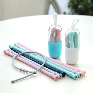 <b>Reusable</b> Silicone <b>Straws</b> Set With Brush And Storage Case Travel Portable Foldable Drinking <b>Straws</b> For Coffee Beverage - Product Image 1