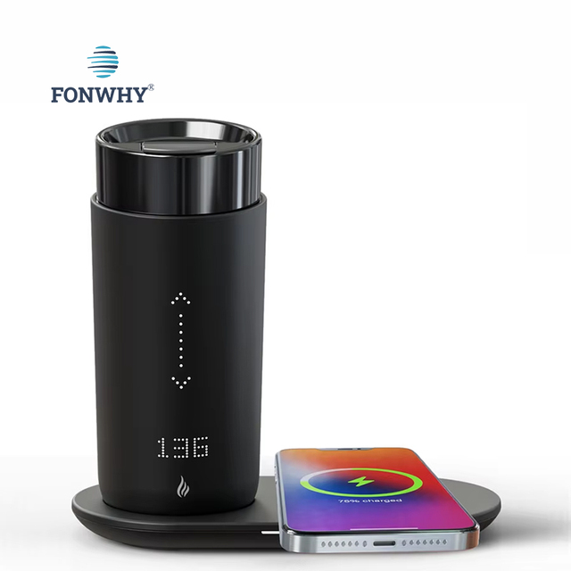 Fonwhy 12 oz Stainless Steel & Ceramic Smart Temperature Control Travel Coffee Mug with Wireless Phone Charger Coaster Pad