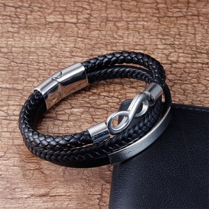 High Quality Stainless Steel Infinite Symbol Men's <b>Bracelet</b> Name Customized Three-Layer <b>Leather</b> Woven <b>Leather</b> <b>Bracelet</b> - Product Image 5