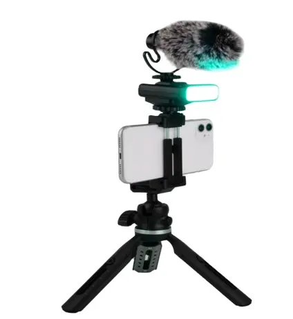Vlog — appareil de diffusion Portable, support de téléphone avec lumière LED et Microphone