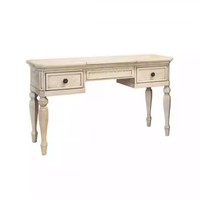 Table de toilette vintage de style américain en chêne massif, finition blanc vieilli, avec chaise et miroir assortis