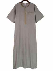 <b>Men's</b> Light Gray Short Sleeve Embroidered <b>Thobe</b> Cotton Ankle Length Casual Daily Wear for Ramadan - Product Image 3