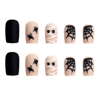 Lot de 24 faux ongles en acrylique noir mat, forme cercueil, faits à la main, à presser, pour fête d'Halloween, motifs créatifs momie et araignée, réutilisables