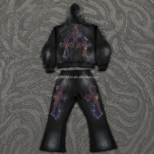 OEM 2026 Stone Wash Men Winter Heavyweight Tech Fleece Velvet Tracksuit Rhinestone Bling <strong>Jogger</strong> Sets Custom Streetwear Apparel - Product Image 1