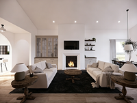 Villa moderne à un étage en acier léger, style ferme, avec bardage en bois noir, arche en pierre, 3 chambres, barndominium personnalisé, maison familiale préfabriquée