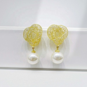 wholesale plata 925 sterling silver western 14k gold earring Wedding party ladies big unique zirconia pearl fashion earrings - Product Image 2