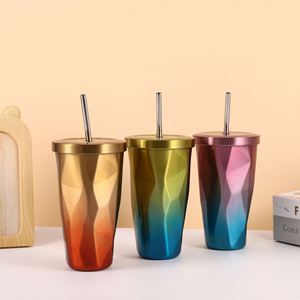 New Travel Straw Reusable Tumbler With <b>Hot</b> and Cold Double Wall <b>Drinking</b> Cups Coffee Mugs 16Oz Irregular Cup With Lid - Product Image 2