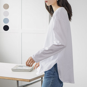 Camiseta <span class=keywords><strong>de</strong></span> Manga Larga <span class=keywords><strong>de</strong></span> Algodón para <span class=keywords><strong>Mujer</strong></span>, Color Sólido, Básica, con Abertura Lateral, Informal, para Primavera y Otoño - Product Image 1