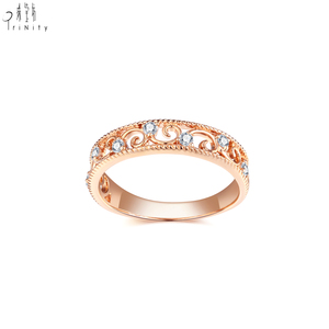 Bague en or rose massif 18 carats de haute qualité, design ajouré délicat vintage, avec diamant naturel véritable, pour femme, cadeau d'anniversaire de mariage - Product Image 3