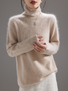 Suéter de <span class=keywords><strong>pelo</strong></span> largo de lana de Cachemira de <span class=keywords><strong>cuello</strong></span> alto personalizado para mujer, cárdigan de punto, decoración de botones, estilo coreano informal para invierno - Product Image 3