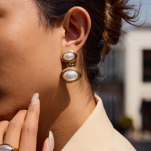Pearl <b>Stud</b> <b>Earrings</b> 18K Gold Plated Geometric Design Bezel Setting Women's Everyday Wear - Product Image 4