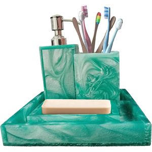 PARIJAT HANDICRAFT 4-Piece Green Resin Bathroom <b>Set</b> Complete Collections Accessories Including <b>Soap</b> Dispenser Toothbrush Holders - Product Image 5