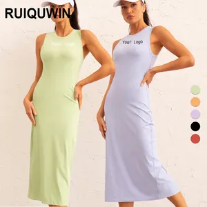 RUIQUWIN New Design Sports Long Skirt Women 1 Piece Split Hemline Dress Ribbed Fabric Young Ladies Slim Looking