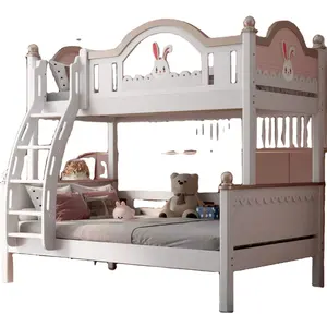현대 간단한 모든 단단한 나무 어린이 침대 슬라이드 계단이있는 어린이 이층 침대 공주 나무 이층 침대
