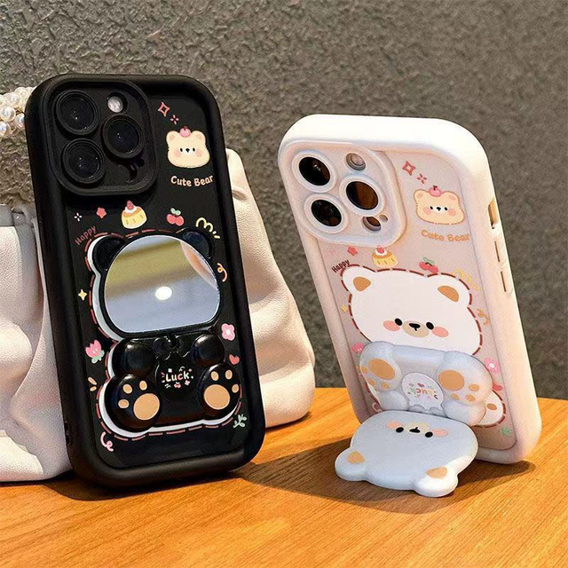 Designer 3D Cartoon Cute Bear Rotating Mirror Holder Phone case Stand for Apple 17 16 15 14Pro Max Silicone Strong Bracket Cover