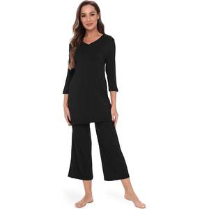 Ensemble pyjama capri en viscose de bambou pour femme, chemise à manches 3/4 et pantalon capri, vêtements de nuit doux et confortables - Product Image 4