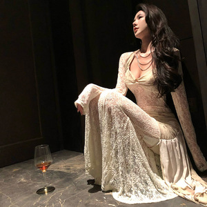 Ensemble deux pièces pour femmes, dentelle vintage française, imprimé ombré brodé, jupe sirène, <span class=keywords><strong>tenue</strong></span> <span class=keywords><strong>de</strong></span> fête <span class=keywords><strong>de</strong></span> Noël - Product Image 2