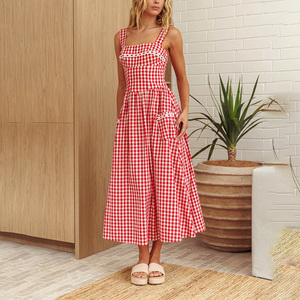 OEM Women's Summer New Fashion Custom Casual European <strong>and</strong> American Style Elegant <strong>Blue</strong> <strong>White</strong> <strong>Red</strong> Checkered Midi Woven <strong>Dress</strong> - Product Image 3