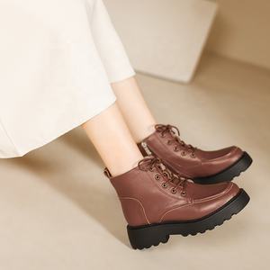 Nuevas Botas de Tobillo para Mujer, de Cuero Vacuno Genuino, con Suela Gruesa, Cálidas, Negras, Punta Redonda, Tacón Medio, Forro de Piel, con Cordones, Cómodas y Transpirables - Product Image 4