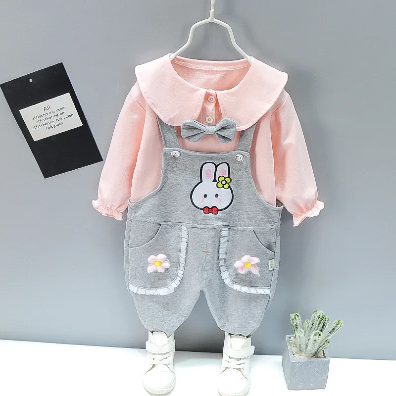 Autumn new girls clothes lovely doll collar bow cartoon floret suspender pants two-piece set