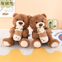 Boneka Beruang Teddy Cokelat Kawaii Harga Pabrik dengan Cangkir Minuman Bubble Tea, Boneka Hewan Lembut Berbulu Keriting untuk Hadiah Ulang Tahun Valentine