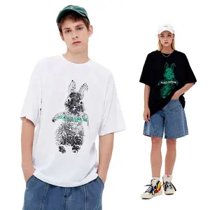 Readymade Cartoon Rabbit Printed High Street Style Tee for BF&GF Oversize T-shirts for Lovers 100% Cotton