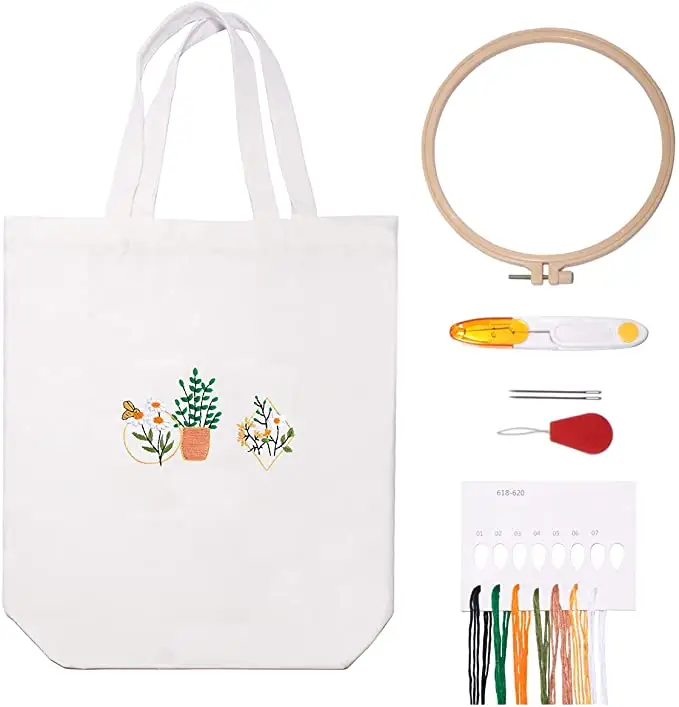 Embroidery Kit Canvas Tote Bags with Floral Patterns DIY Canvas Bag Cross Stitch Kits Included Bamboo Embroidery Hoops Tools