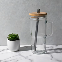 Gobelet esthétique en verre transparent avec poignée et couvercle en bambou, tasse réutilisable avec paille pour café glacé et boissons aux fruits