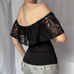 Camiseta Chic de Mujer con Hombros Descubiertos, Sin Cuello, de Encaje, Ajuste Regular, Elegante, de Manga Corta, Tejida, con Estampado Digital, Estilo Bodycon, para Verano - Product Image 5