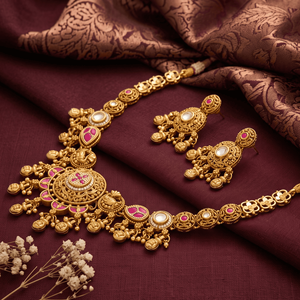 Traditional Gold Plated Antique Temple Jewelry Necklace Set with Pink Kundan Stones and Matching Earrings for Women - Product Image 2