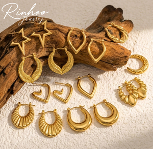 Boucles d'oreilles créoles RINHOO en acier inoxydable plaqué or PVD 18 carats, étanches et inaltérables, bijoux géométriques tendance pour femme, vente en gros, cadeau - Product Image 1