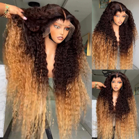 Perruque bouclée en cheveux humains brun foncé blond miel, pré-colorée, avec dentelle HD transparente, sans colle, pour femme