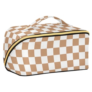 Fashion Brown White Checkered Design Golden Zipper Portable Makeup <b>Bag</b> Custom Logo <b>Travel</b> Cosmetic <b>Bag</b> for Women - Product Image 1
