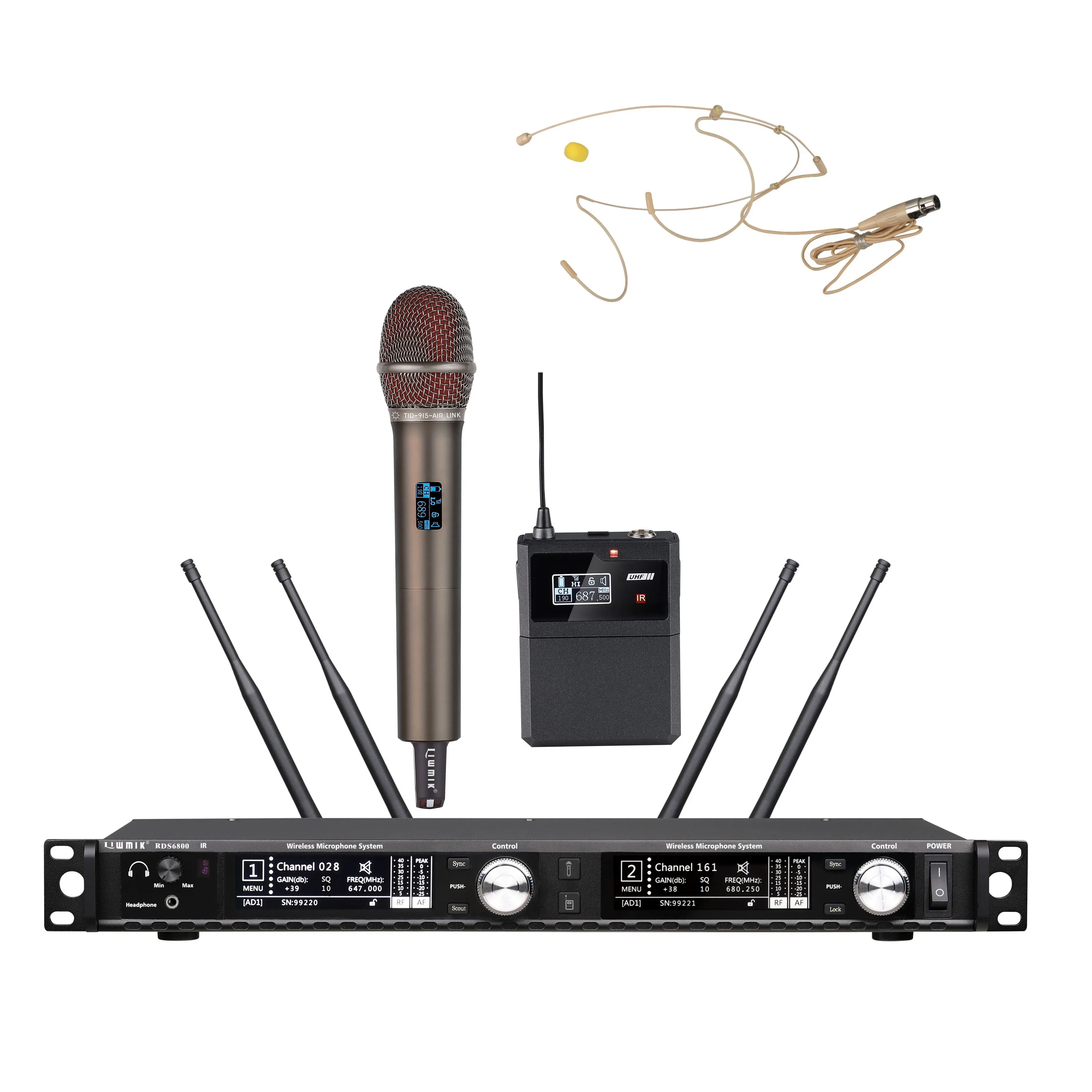 RBAFF0E0 UHF Pro Audio PLL двухканальный, истинное разнообразие, беспроводной ручной микрофон + мини-корпус + микрофон для гарнитуры 300 м, большой радиус действия