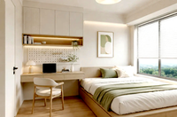 Ensemble de chambre à coucher moderne en bois intégré avec armoire murale complète, bureau et étagère de présentation - Écologique, durable, personnalisable pour les hôtels