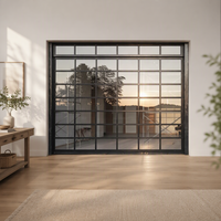 Porte de garage sectionnelle moderne à cadre fin et vue panoramique en verre, en aluminium anodisé et verre trempé, pour extérieur d'appartement