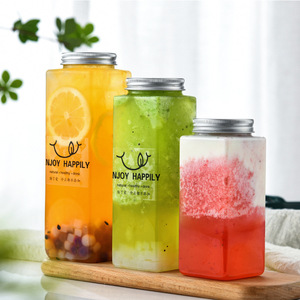 High Quality Disposable Transparent Plastic Bottle 500ml Takeaway Plastic Bottle Square Takeaway Boba Drinking Bottle